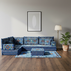 Arabic Floor Sofa Set – Navy Blue L Shaped Majlis Sectional with 8 Inch Cushions