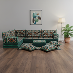 Arabic Floor Sofa Set – Green L Shaped Majlis Sectional with 8 Inch Cushions