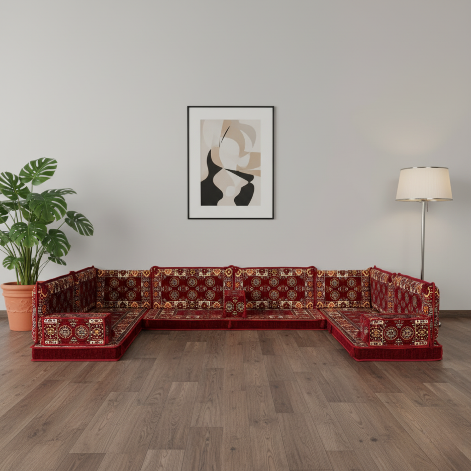 Arabic Floor Sofa Set – Maroon U Shaped Majlis Sectional with 4 Inch Cushions