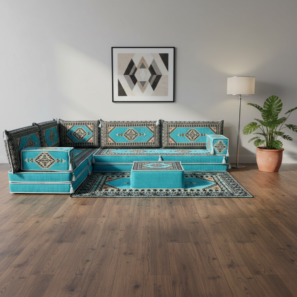 Arabic Floor Sofa Set – Turquoise L Shaped Majlis Sectional with 8 Inch Cushions