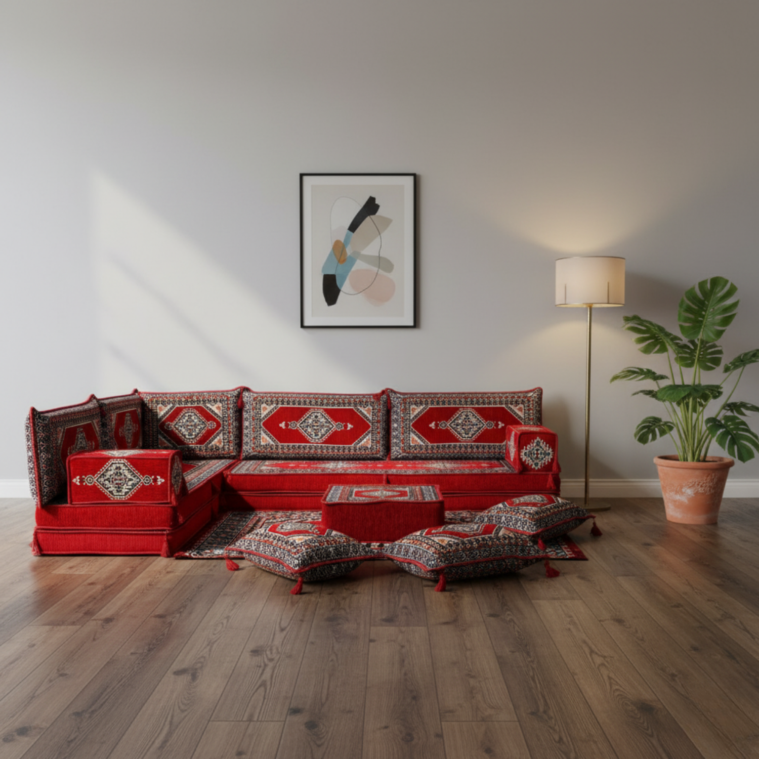 Arabic Floor Sofa Set – Red L Shaped Majlis Sectional with 8 Inch Cushions