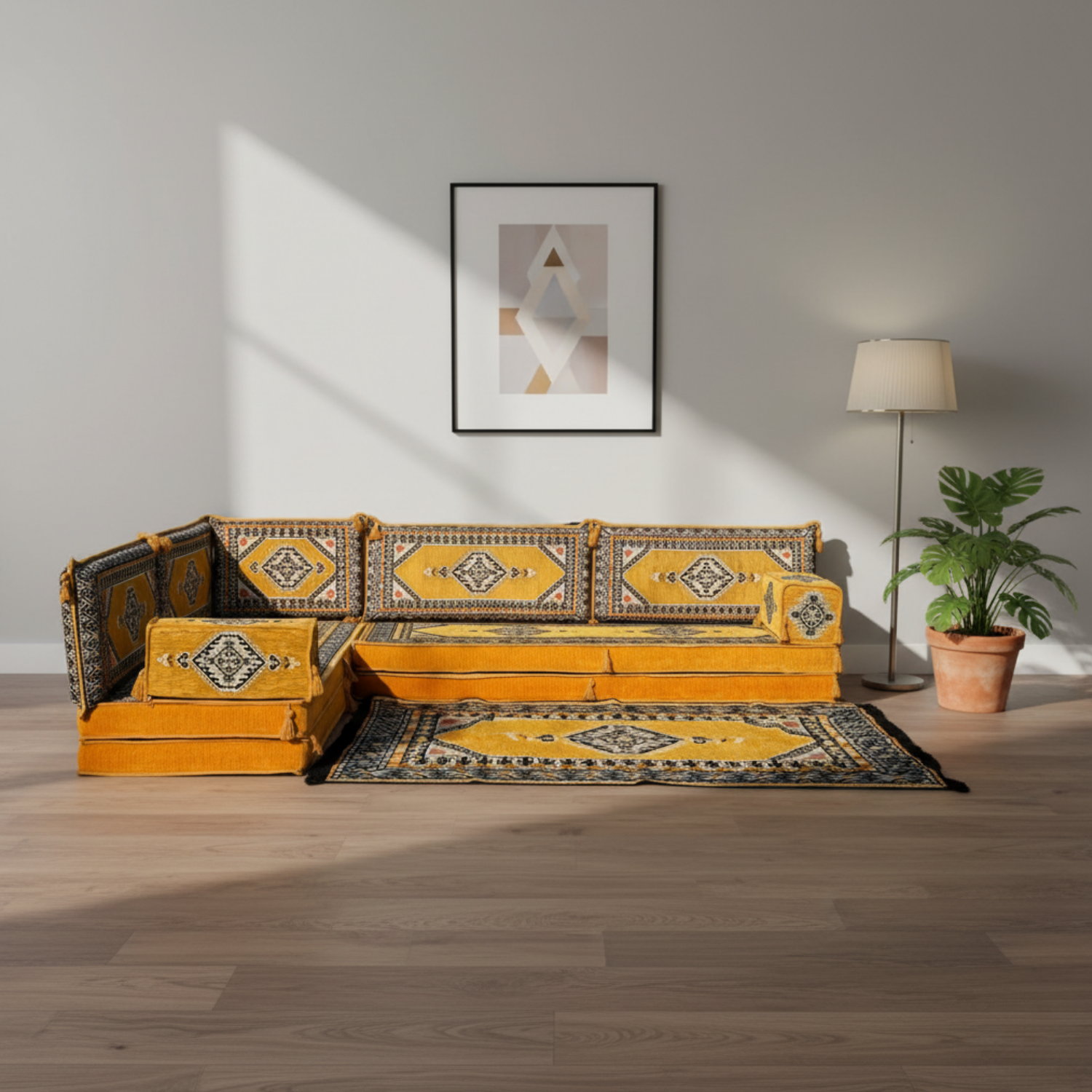 Arabic Floor Sofa Set – Yellow L Shaped Majlis Sectional with 8 Inch Cushions
