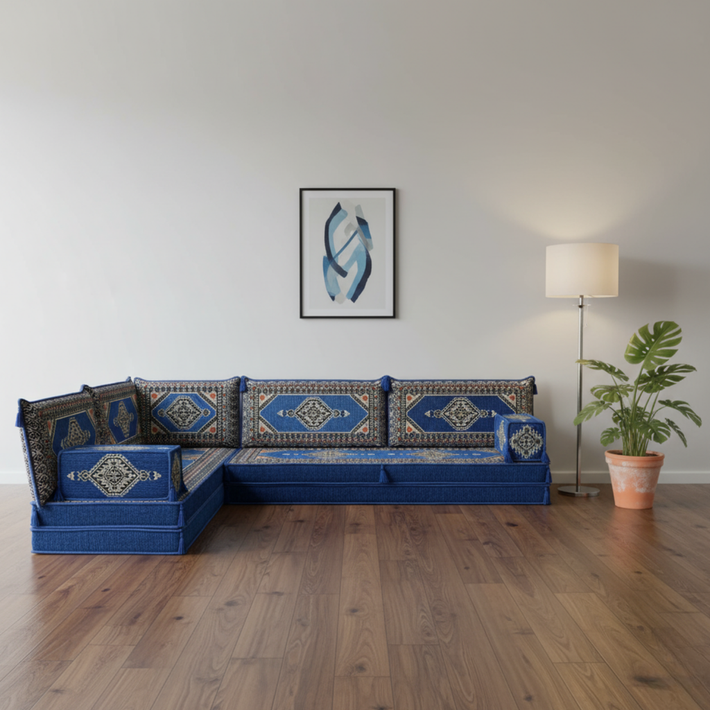 Arabic Floor Sofa Set – Blue L Shaped Majlis Sectional with 8 Inch Cushions