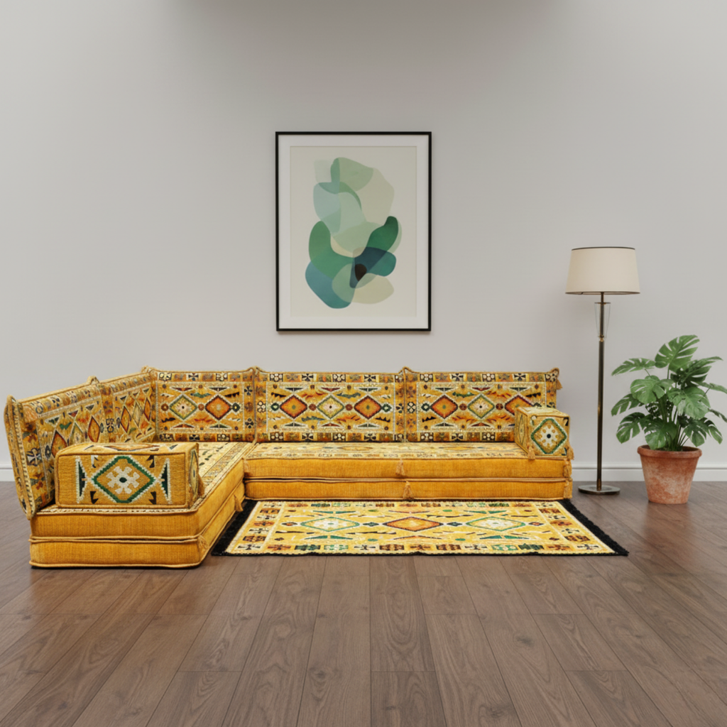 Arabic Floor Sofa Set – Yellow L Shaped Majlis Sectional with 8 Inch Cushions