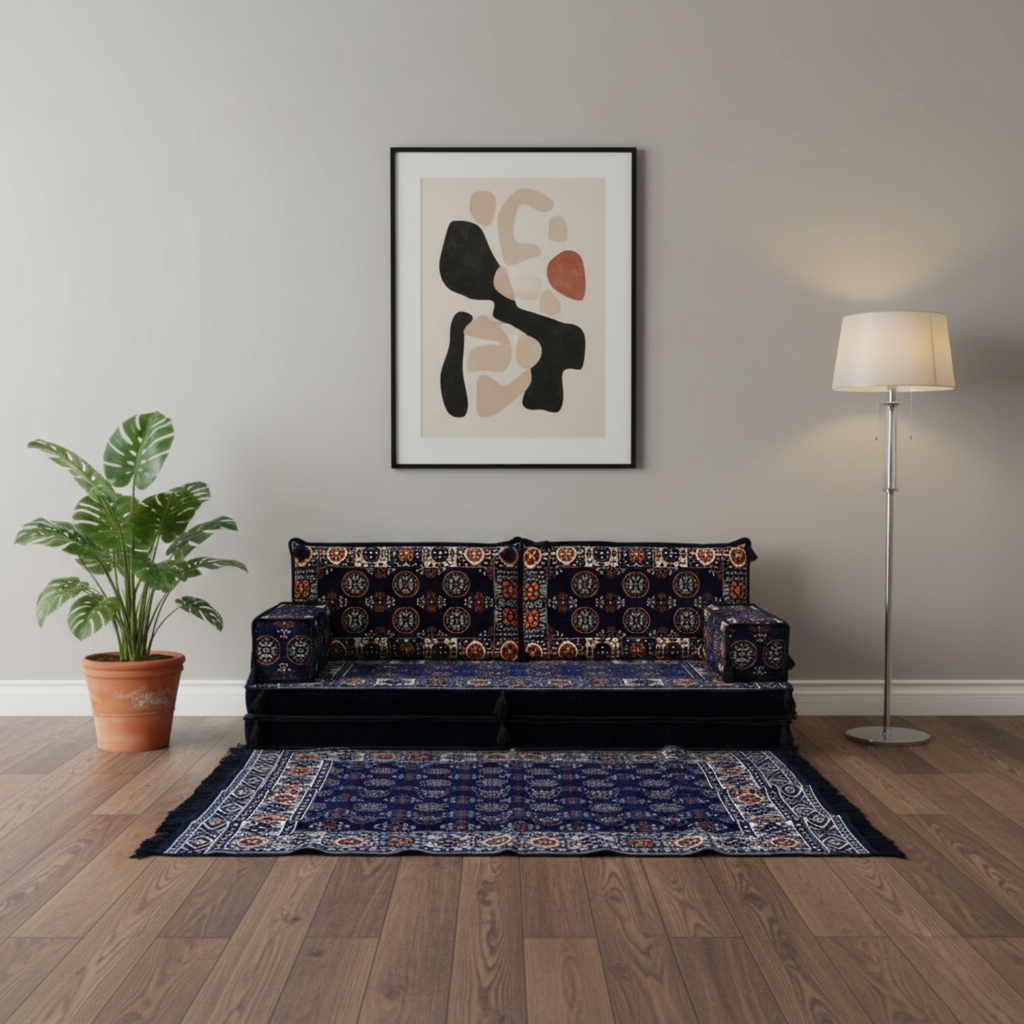 Arabic Loveseat Sofa Set – Navy Loveseat Set with 4 and 8 Inch Cushion Options