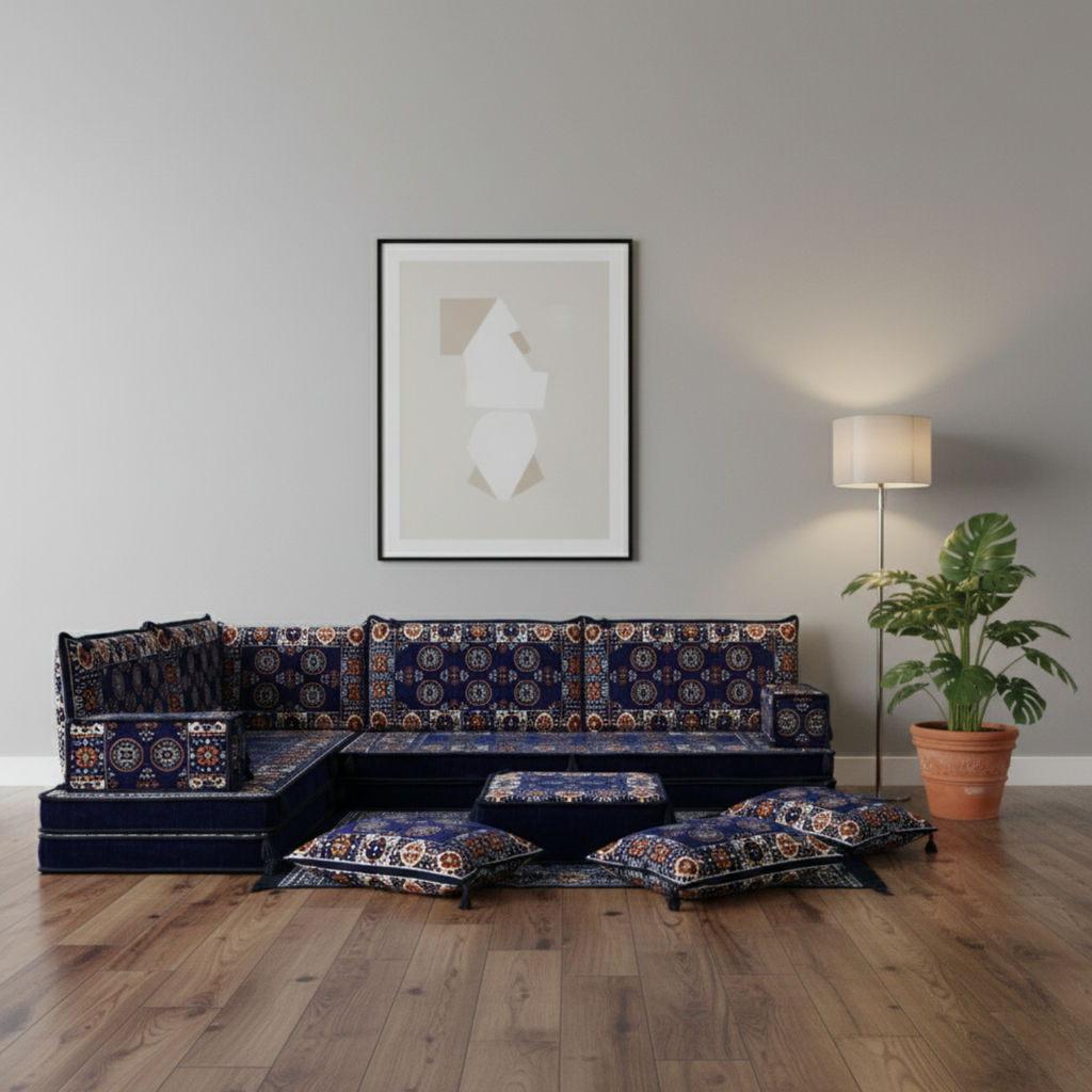 Arabic Floor Sofa Set – Navy L Shaped Majlis Sectional with 8 Inch Cushions