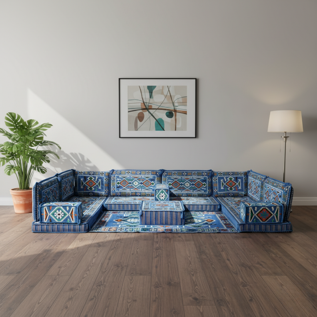 Arabic Floor Sofa Set – Navy Blue U Shaped Majlis Sectional with 4 Inch Cushions