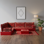 Arabic Floor Sofa Set – Red L Shaped Majlis Sectional with 8 Inch Cushions
