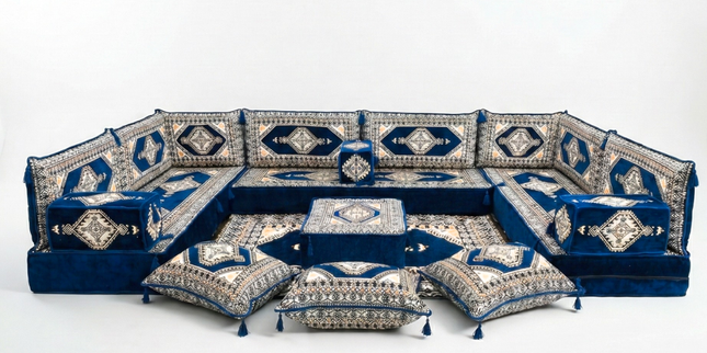 Arabic Floor Sofa Set – Dark Navy U Shaped Majlis Sectional with 8 Inch Cushions