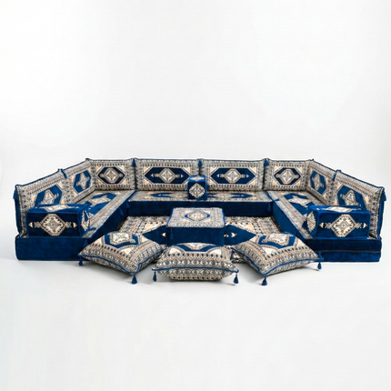 Arabic Floor Sofa Set – Dark Navy U Shaped Majlis Sectional with 8 Inch Cushions