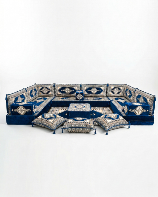 Arabic Floor Sofa Set – Dark Navy U Shaped Majlis Sectional with 8 Inch Cushions