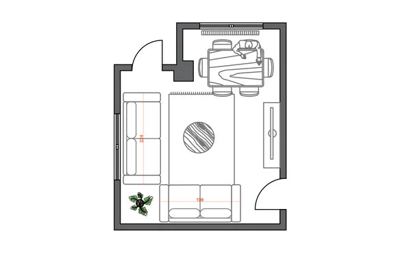 Example 2D room layout with an L-shaped floor sofa