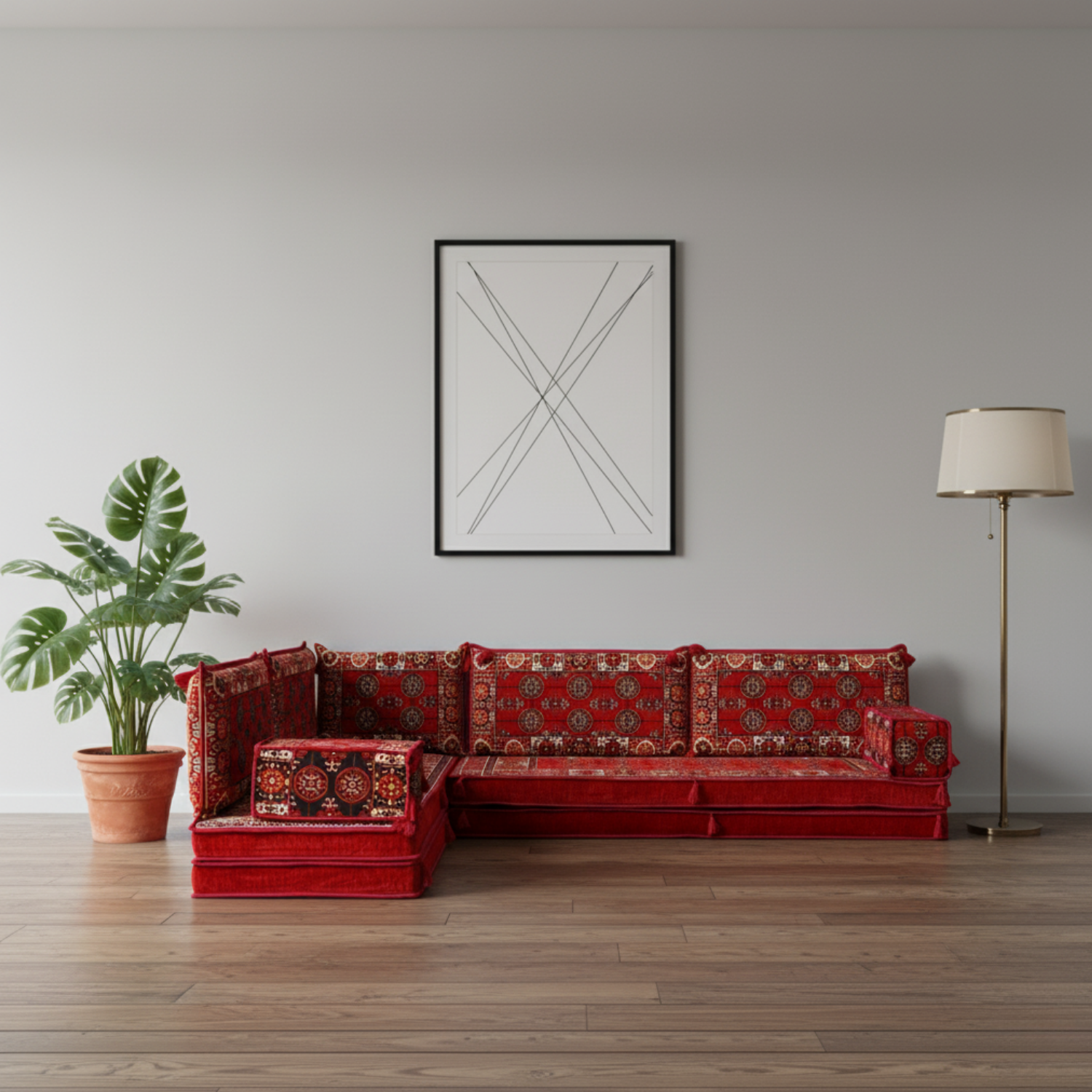 Arabic Floor Sofa Set – Red L Shaped Majlis Sectional with 8 Inch Cushions