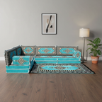 Arabic Floor Sofa Set – Turquoise L Shaped Majlis Sectional with 8 Inch Cushions