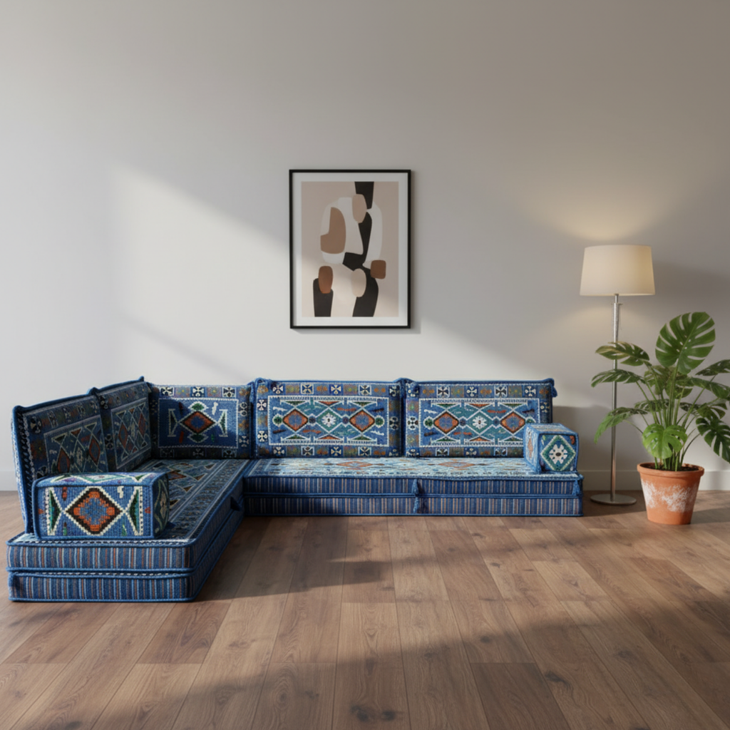 Arabic Floor Sofa Set – Navy Blue L Shaped Majlis Sectional with 8 Inch Cushions