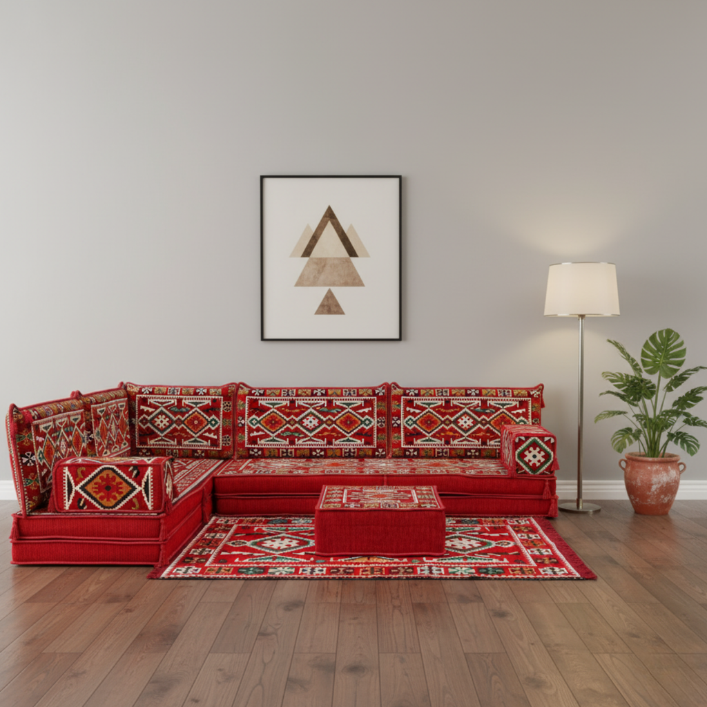 Arabic Floor Sofa Set – Red L Shaped Majlis Sectional with 8 Inch Cushions