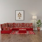 Arabic Floor Sofa Set – Red L Shaped Majlis Sectional with 8 Inch Cushions