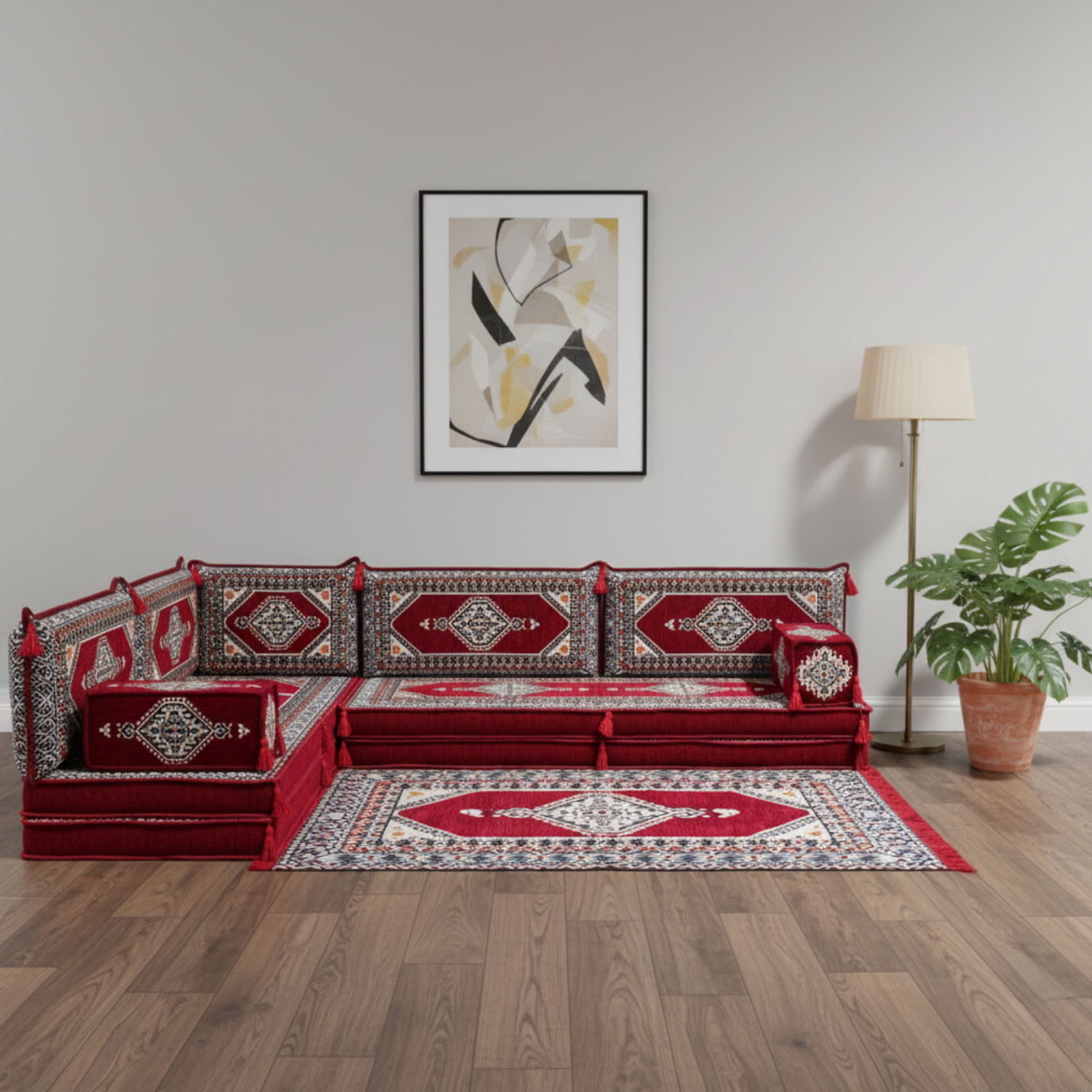 Arabic Floor Sofa Set – Maroon L Shaped Majlis Sectional with 8 Inch Cushions