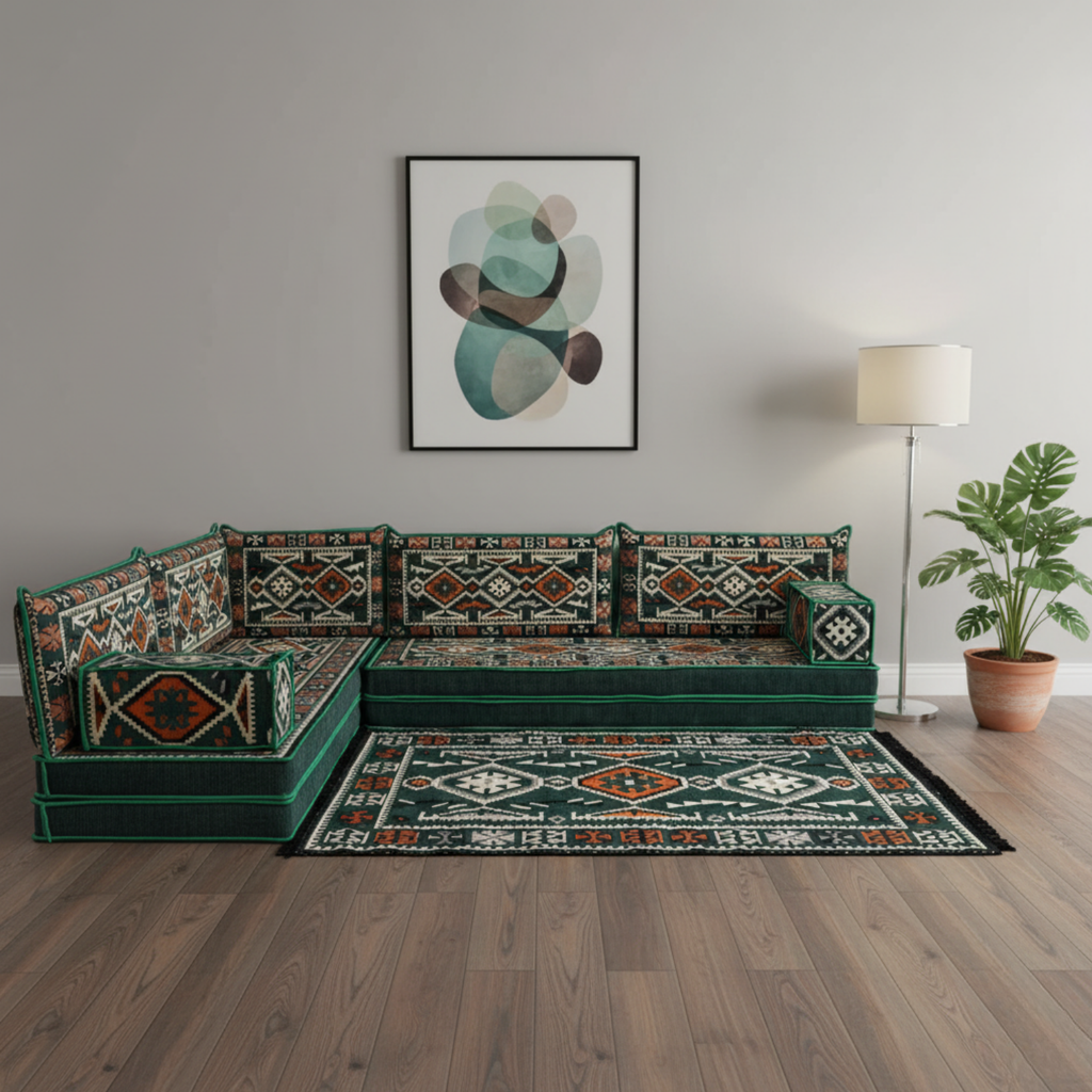 Arabic Floor Sofa Set – Green L Shaped Majlis Sectional with 8 Inch Cushions