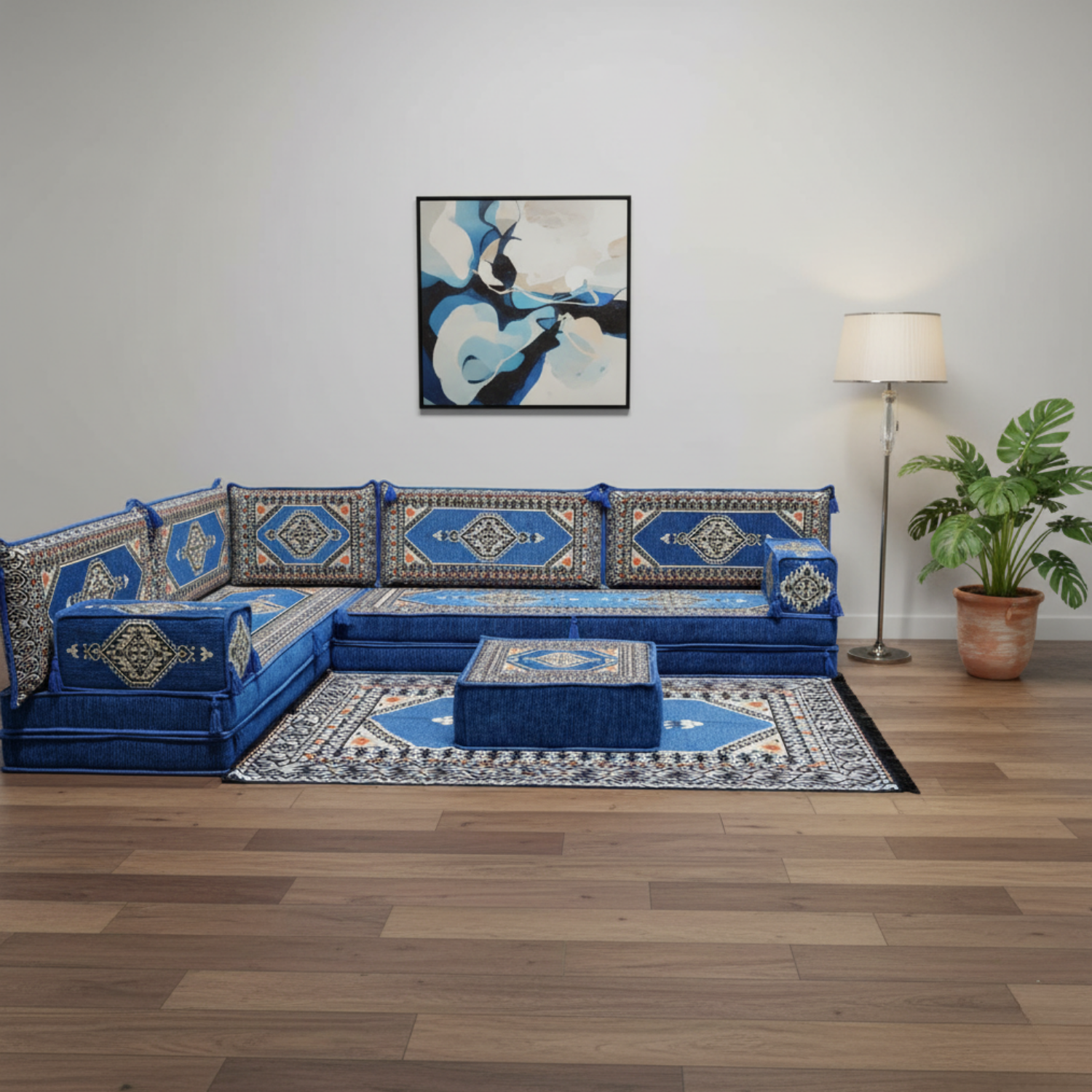Arabic Floor Sofa Set – Blue L Shaped Majlis Sectional with 8 Inch Cushions
