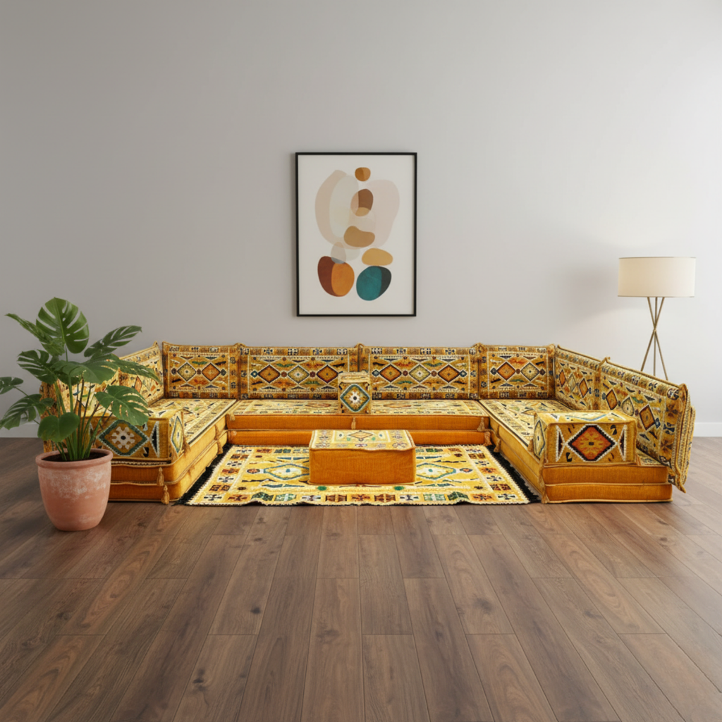 Arabic Floor Sofa Set – Yellow U Shaped Majlis Sectional with 8 Inch Cushions