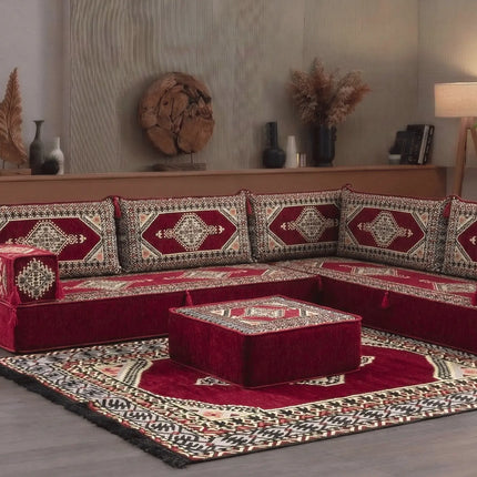 Arabic Floor Sofa Set – Maroon L Shaped Majlis Sectional with 8 Inch Cushions
