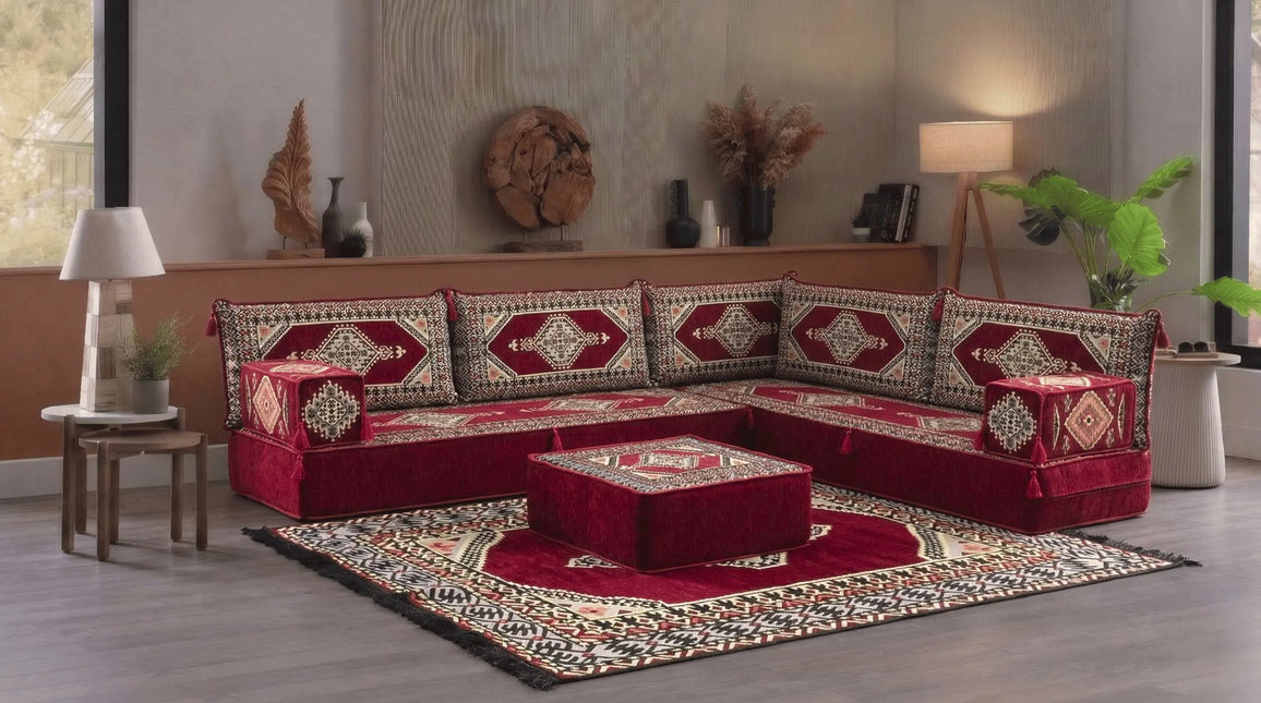 Arabic Floor Sofa Set – Maroon L Shaped Majlis Sectional with 8 Inch Cushions