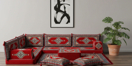 Arabic Floor Sofa Set – Maroon L Shaped Majlis Sectional with 4 Inch Cushions