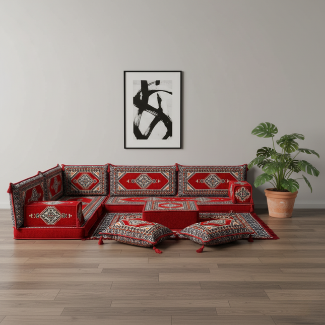 Arabic Floor Sofa Set – Maroon L Shaped Majlis Sectional with 4 Inch Cushions