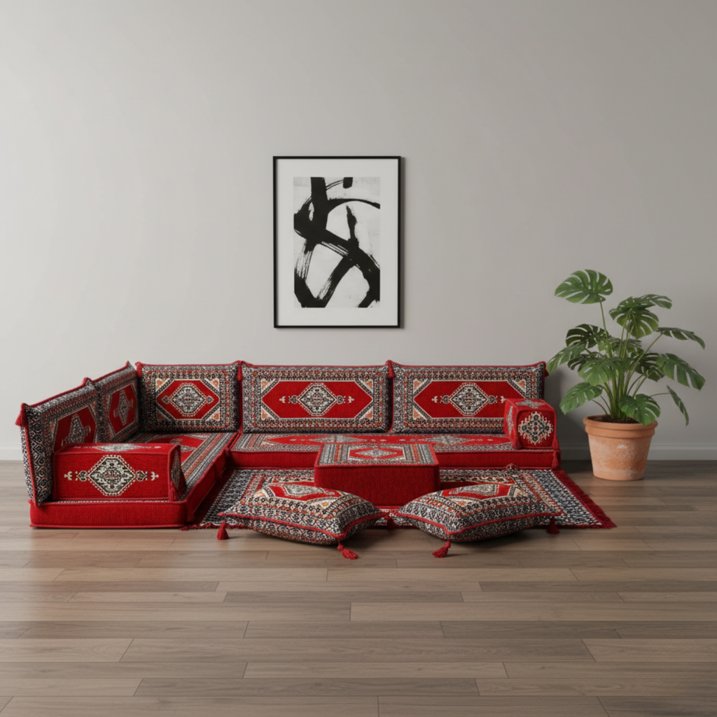 Arabic Floor Sofa Set – Maroon L Shaped Majlis Sectional with 4 Inch Cushions