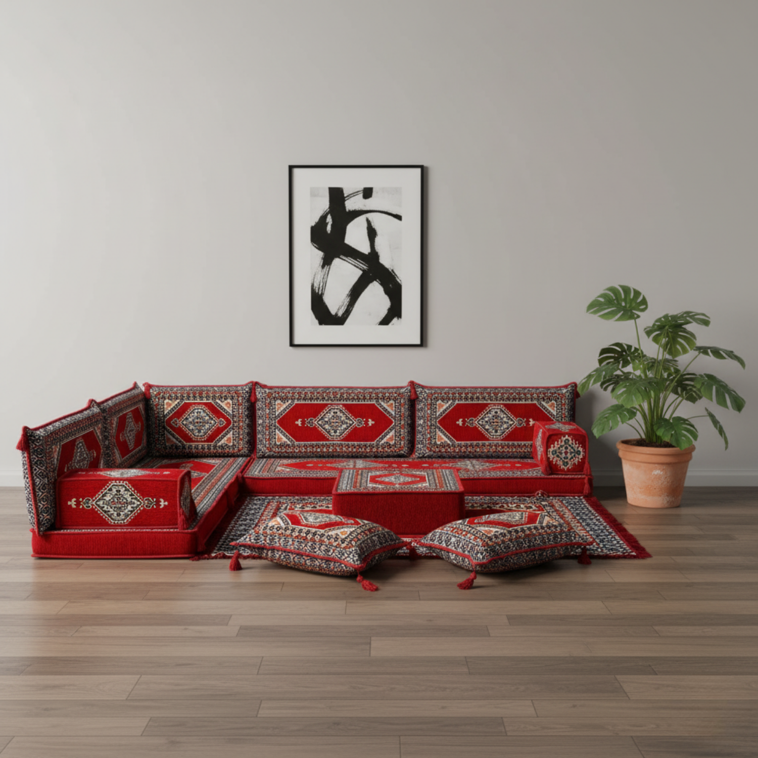Arabic Floor Sofa Set – Maroon L Shaped Majlis Sectional with 4 Inch Cushions
