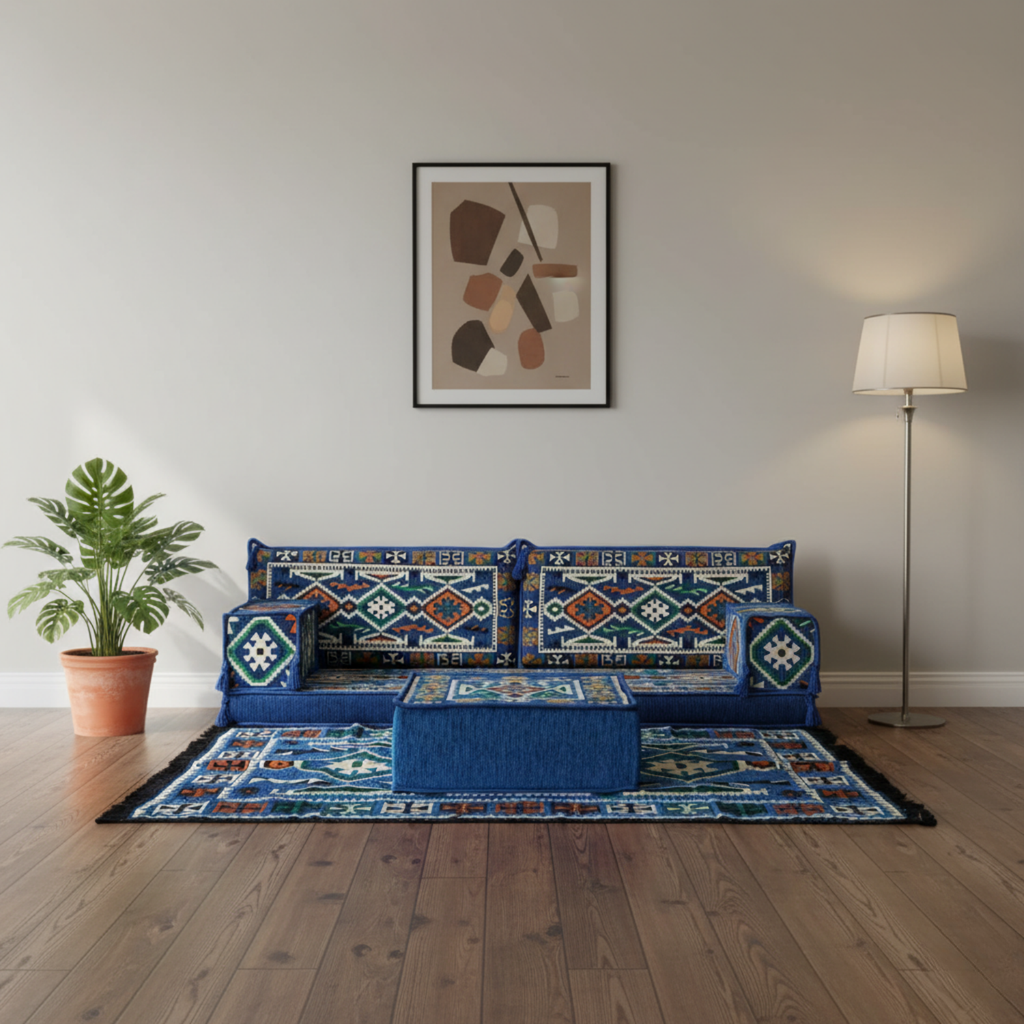 Arabic Loveseat Sofa Set – Blue Loveseat Set with 4 and 8 Inch Cushion Options