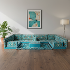 Arabic Floor Sofa Set – Turquoise U Shaped Majlis Sectional with 4 Inch Cushions