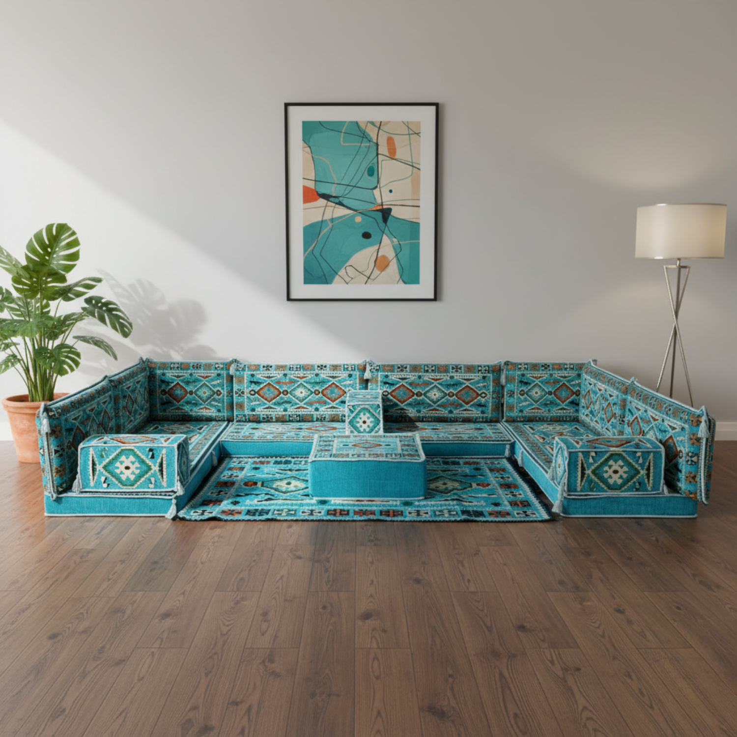Arabic Floor Sofa Set – Turquoise U Shaped Majlis Sectional with 4 Inch Cushions