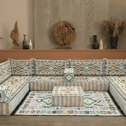 Arabic Floor Sofa Set – Gray U Shaped Majlis Sectional with 8 Inch Cushions