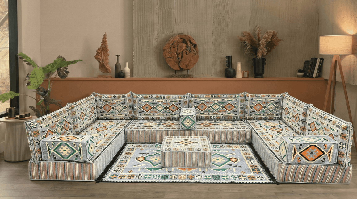 Arabic Floor Sofa Set – Gray U Shaped Majlis Sectional with 8 Inch Cushions