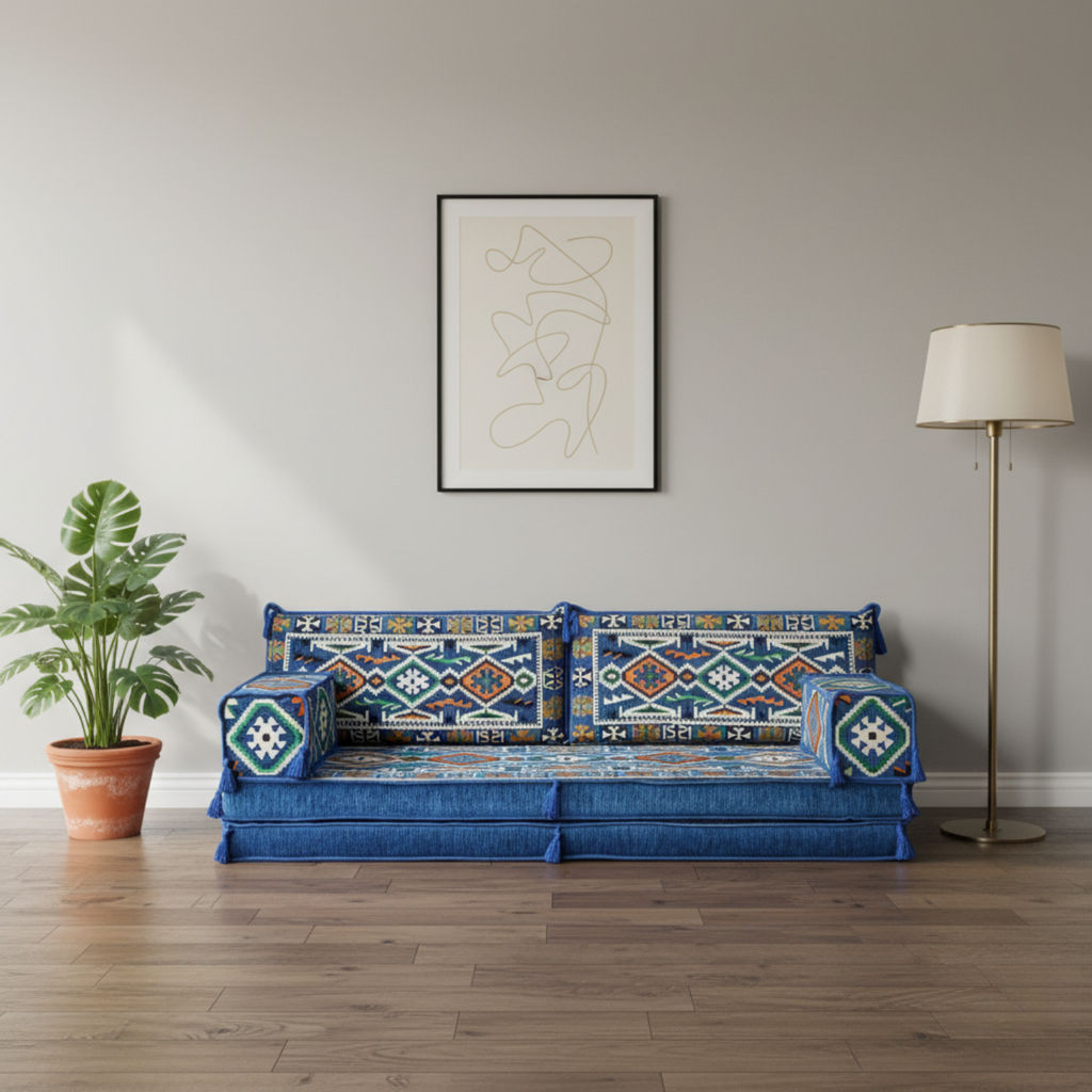 Arabic Loveseat Sofa Set – Blue Loveseat Set with 4 and 8 Inch Cushion Options