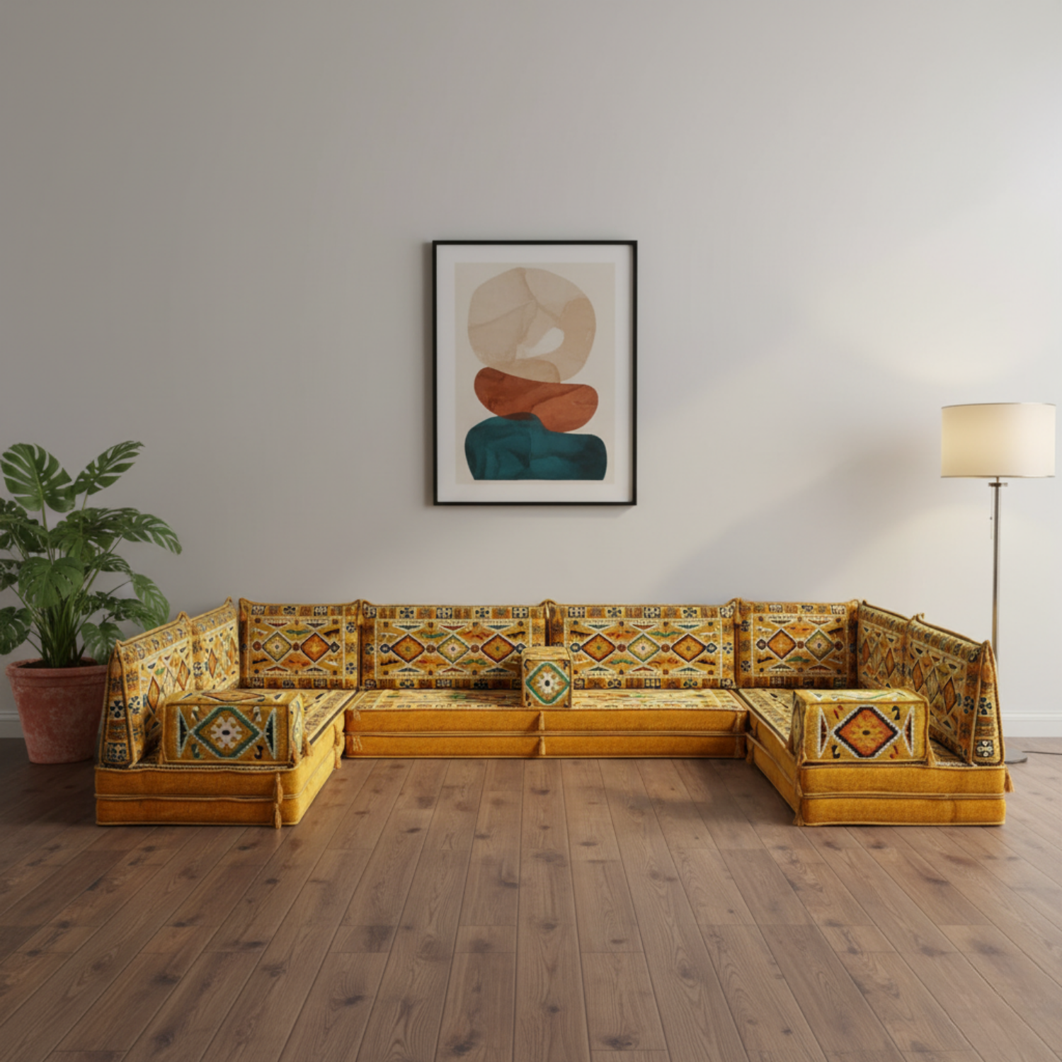 Arabic Floor Sofa Set – Yellow U Shaped Majlis Sectional with 8 Inch Cushions