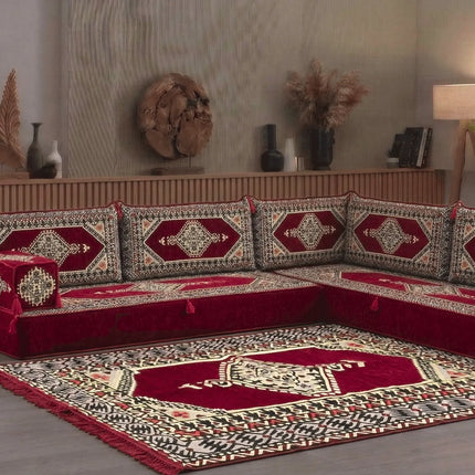Arabic Floor Sofa Set – Maroon L Shaped Majlis Sectional with 8 Inch Cushions