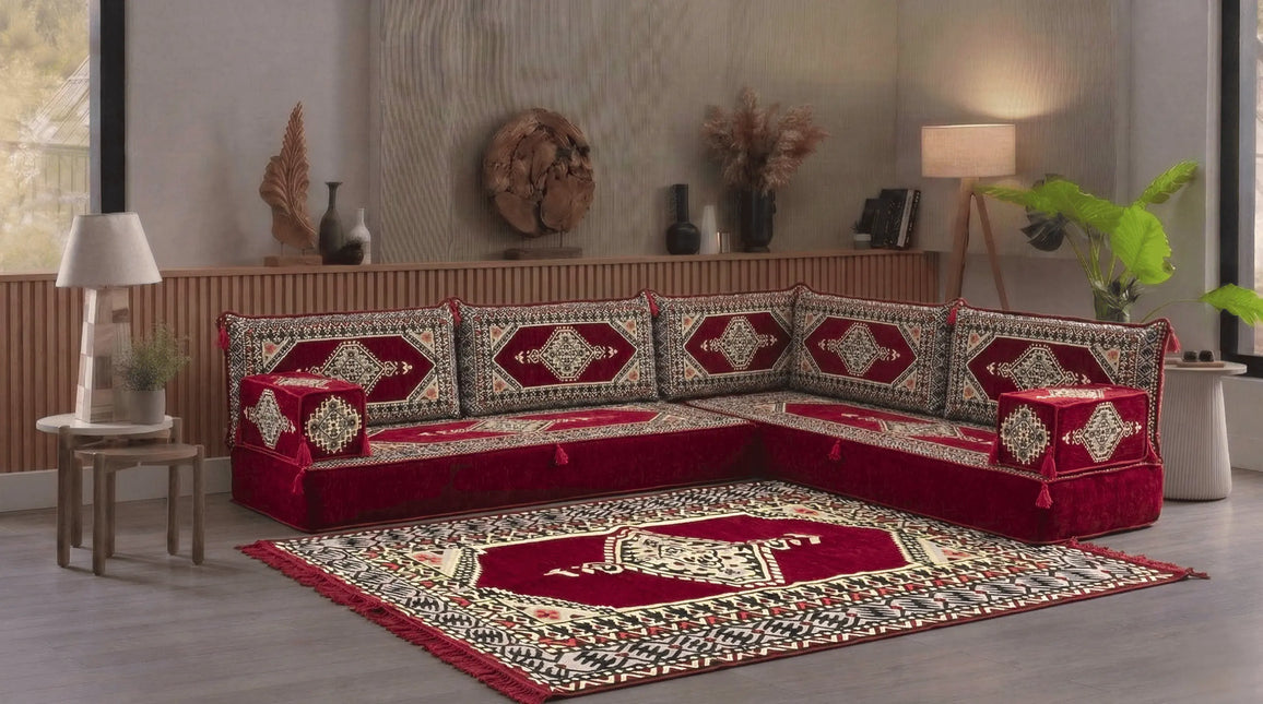 Arabic Floor Sofa Set – Maroon L Shaped Majlis Sectional with 8 Inch Cushions