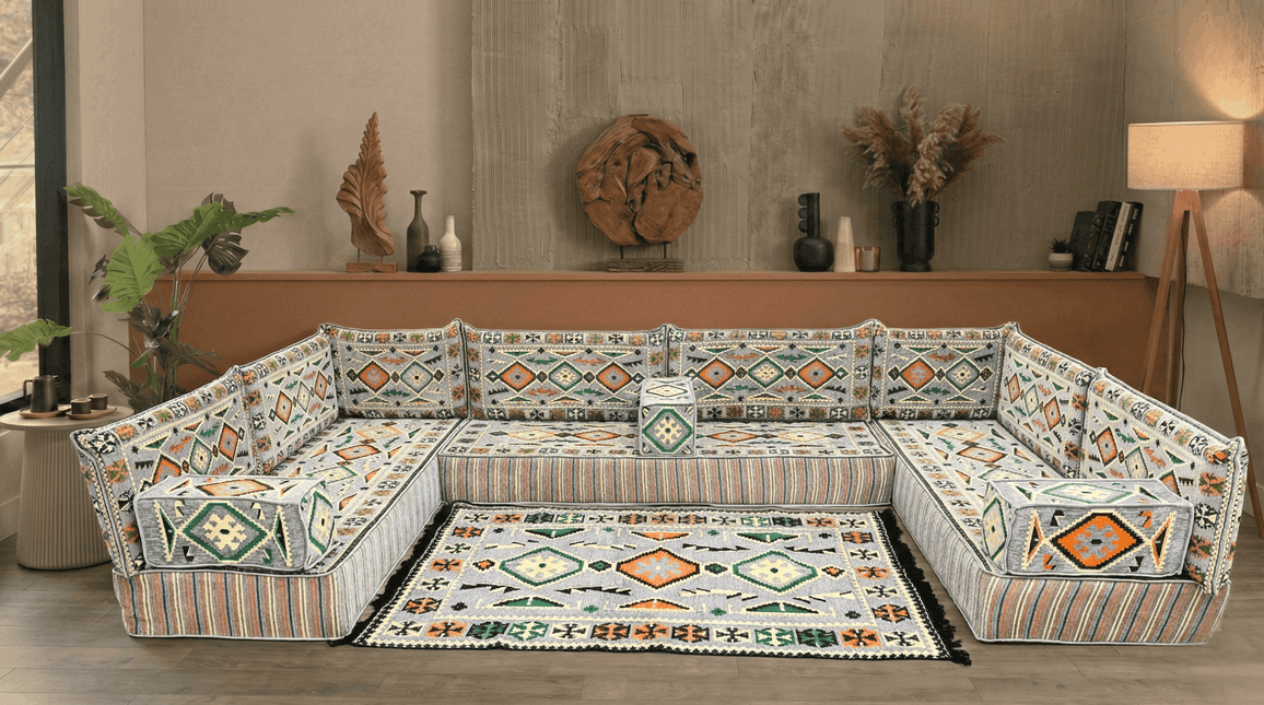 Arabic Floor Sofa Set – Gray U Shaped Majlis Sectional with 8 Inch Cushions