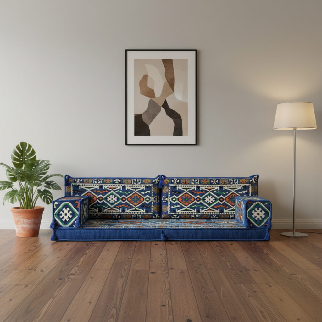 Arabic Loveseat Sofa Set – Blue Loveseat Set with 4 and 8 Inch Cushion Options