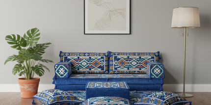 Arabic Loveseat Sofa Set – Blue Loveseat Set with 4 and 8 Inch Cushion Options