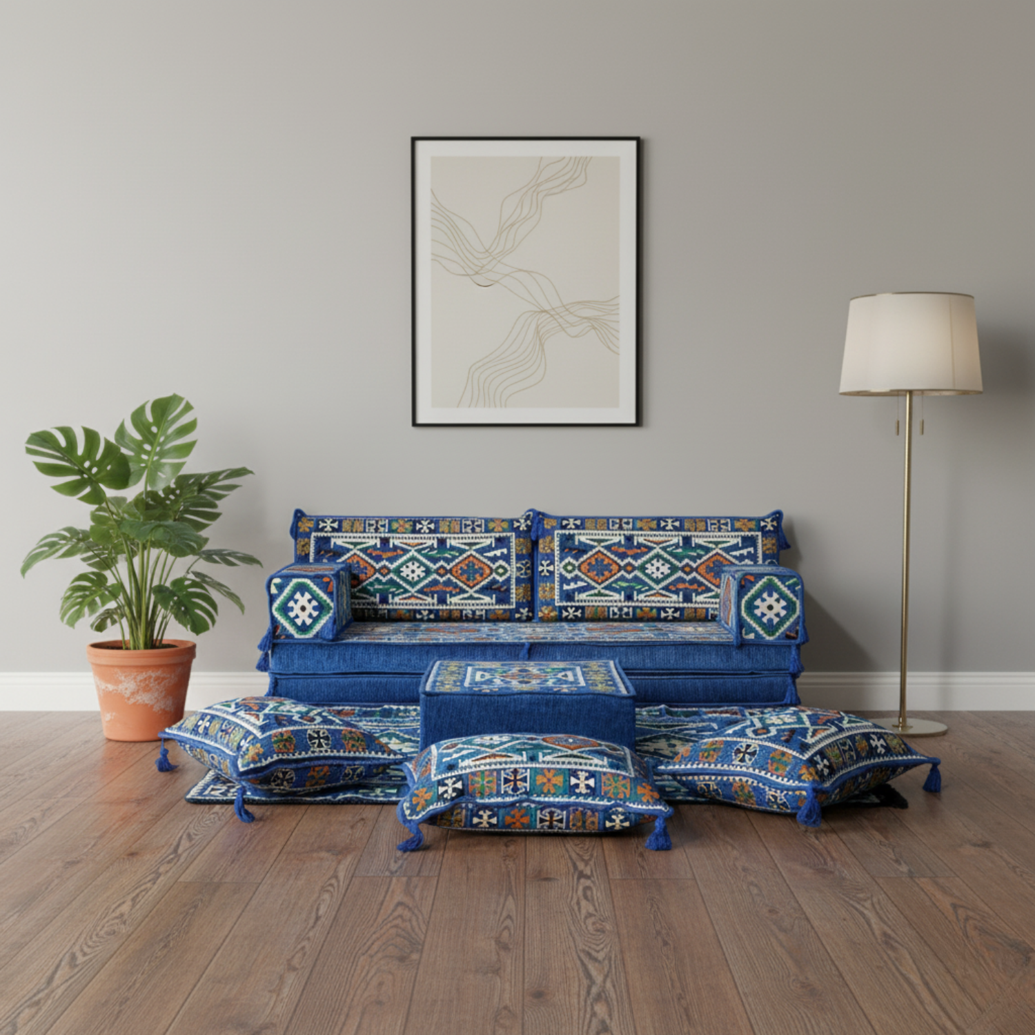 Arabic Loveseat Sofa Set – Blue Loveseat Set with 4 and 8 Inch Cushion Options