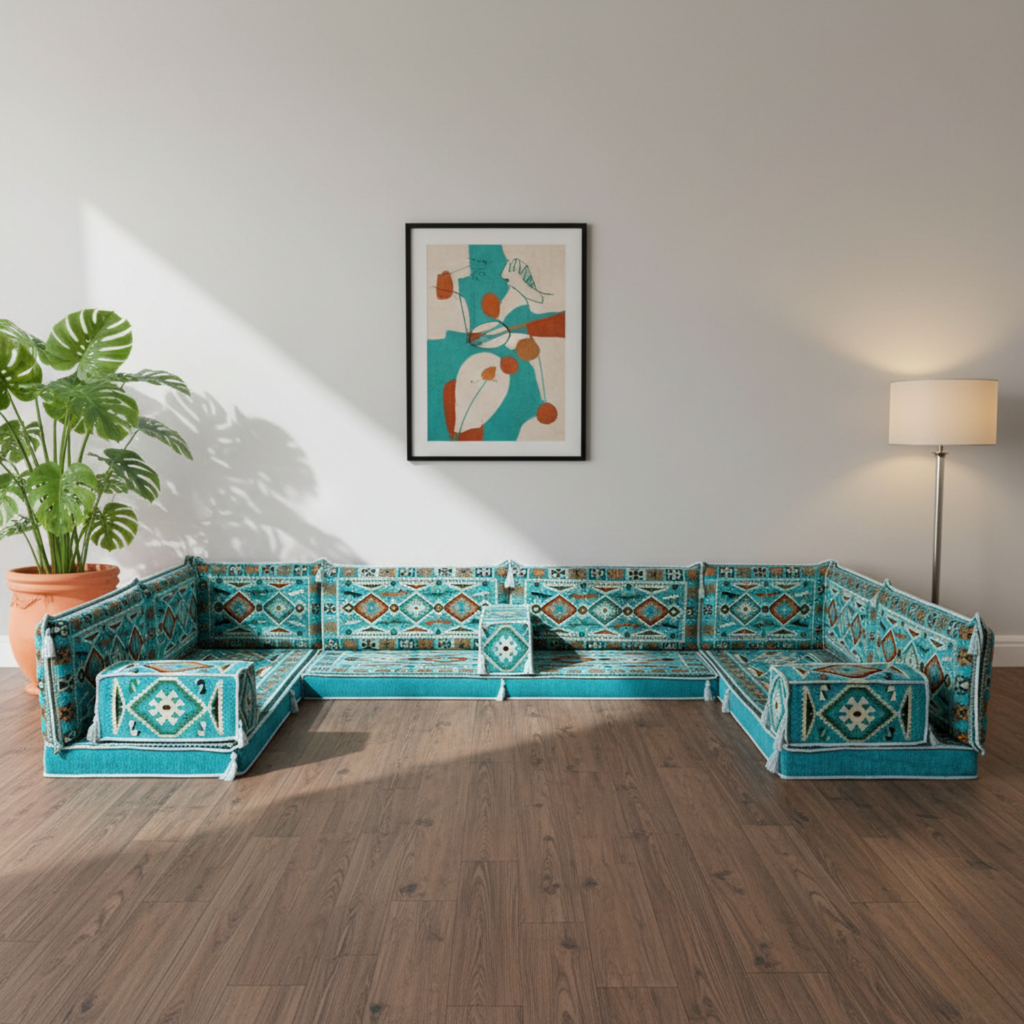 Arabic Floor Sofa Set – Turquoise U Shaped Majlis Sectional with 4 Inch Cushions
