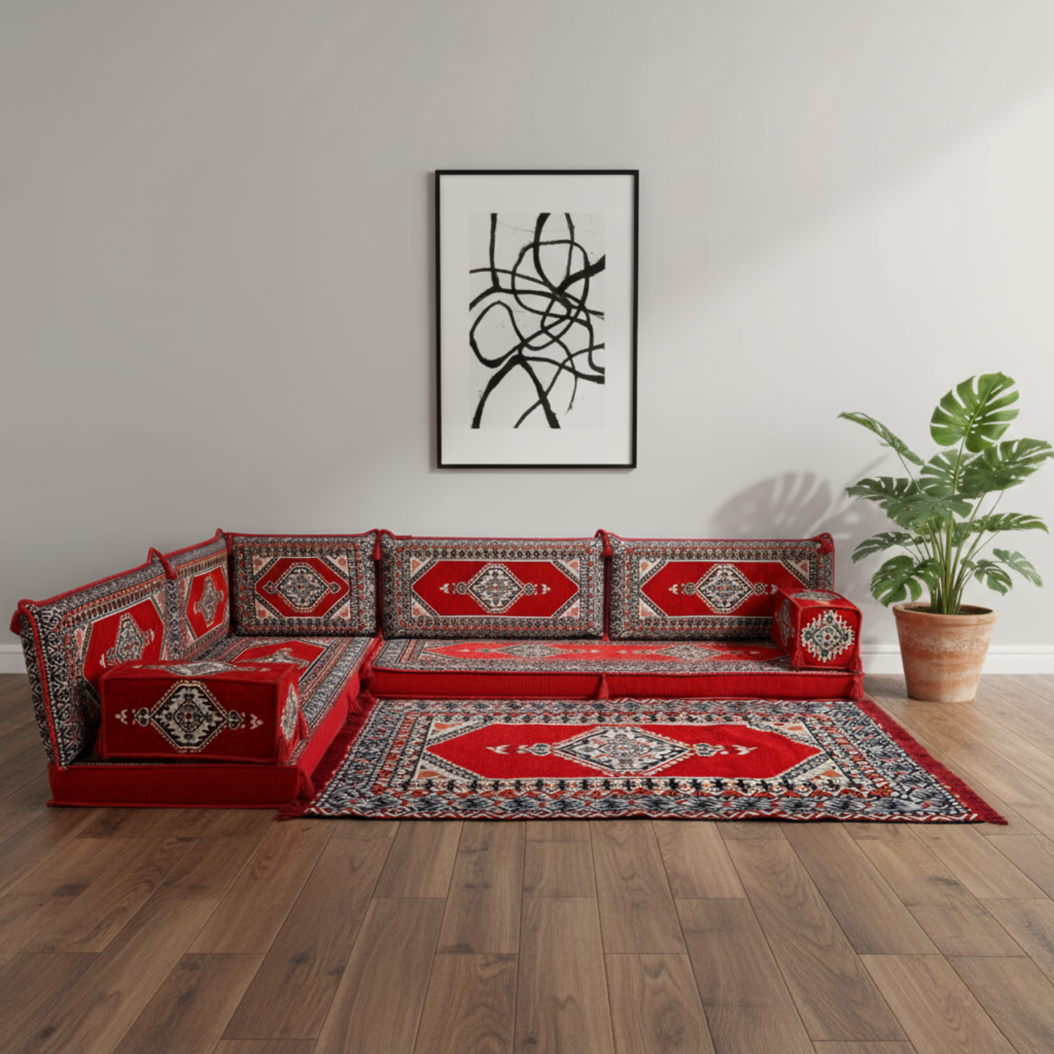 Arabic Floor Sofa Set – Maroon L Shaped Majlis Sectional with 4 Inch Cushions