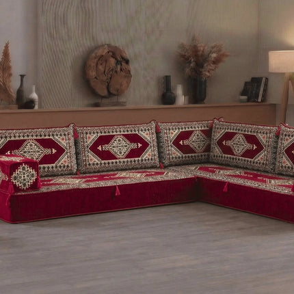 Arabic Floor Sofa Set – Maroon L Shaped Majlis Sectional with 8 Inch Cushions