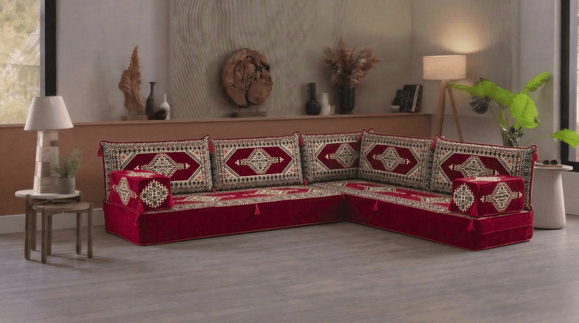 Arabic Floor Sofa Set – Maroon L Shaped Majlis Sectional with 8 Inch Cushions