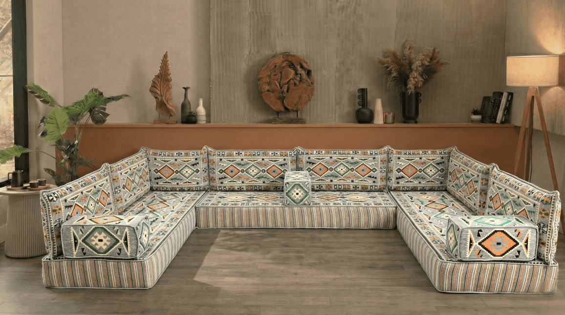 Arabic Floor Sofa Set – Gray U Shaped Majlis Sectional with 8 Inch Cushions