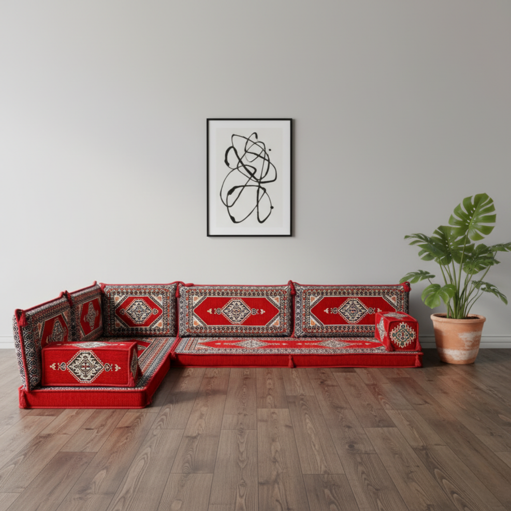 Arabic Floor Sofa Set – Maroon L Shaped Majlis Sectional with 4 Inch Cushions